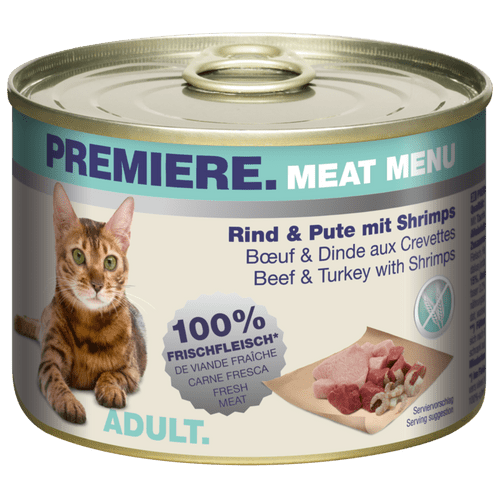 Premiere Cat Meat Menu adult Govedina,Ćuretina,Škampi 200g konzerva - petcorner