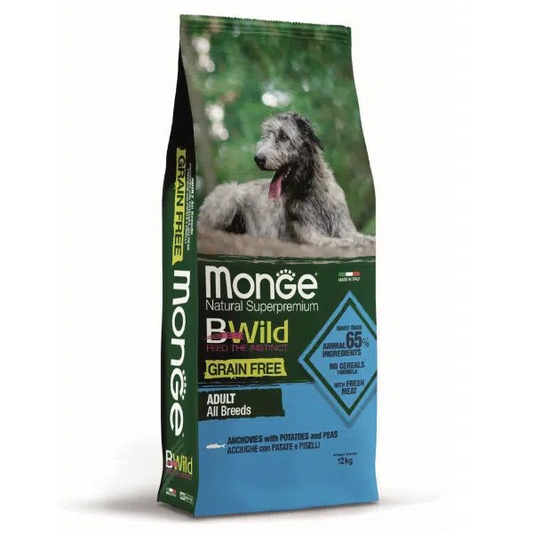 MONGE BWILD GRAIN FREE Za sve rase odraslih pasa Inćun, krompir i grašak - petcorner